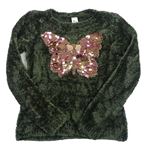 Olivový chlpatý sveter s motýlkem z flitrů C&A