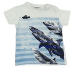 Bielo-modré pruhované tričko so žralokmi
