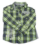 Zeleno-tmavomodro-sivá kockovaná košeľa s nápismi Topolino