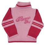 Svetloružová -ružový pletený sveter s nápisom a rolákom