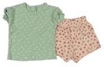 2set - Svetlozelené rebrované tričko s puntíky + ružové bavlnené kraťasy so vzorom