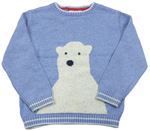 Modrý melírovaný vlnený sveter s ledním medvedíkom the little white company