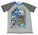 Sivo-tmavošedo-modré melírované tričko s potiskem - REGULAR SHOW Rebel