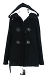 Dámsky čierny flaušový kabát s kapucňou