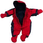 Červeno-tmavomodrá šusťáková zimní kombinéza + rukavice a capáčky zn. Mothercare