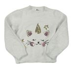 Biely chlpatý sveter s kočičkou z flitrů M&Co