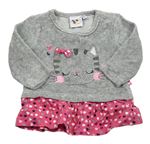 Sivo-ružové zamatové tričko s mačičkou a srdiečkami