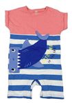 Ružovo-modro-biely kraťasový overal s pruhmi a žralokom F&F