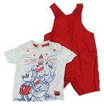 2set - Biele tričko s Mickeym a Donaldem + červené plátenné na traké kraťasy