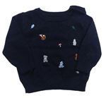 Tmavomodrý sveter so zvieratkami a lístečky little Nutmeg