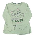 Zelené tričko s nápisom s flitrami a mačičkou Kids