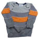 Sivo-tmavomodro-bielo-oranžový melírovaný sveter s pruhmi Topomini