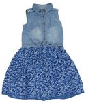Modré ľahké šaty s riflovým vrškem a květovanou sukní C&A
