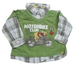 Tmavozelené tričko s Pú a motorkou a všitou kostkovanou košilí C&A