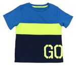 Tmavomodro-modro-neónově zelené tričko s písmeny Topolino