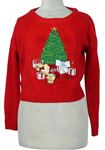 Dámsky červený crop sveter s vánočním stromkem