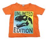 Oranžové tričko s dinosaurom a nápisom Dopodopo