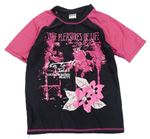 Čierno-ružové UV tričko s nápismi a kvietkami Pocopiano
