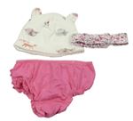3set - Ružové kalhotky na plenku + biela bavlnená čapica so zvířaty + ružová kvetovaná čelenka