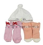 3 set - Biela čepice + ružové ponožky s čumákem + lososové zateplené ponožky