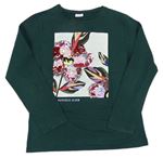Tmavozelené tričko s květy z překlápěcích flitrů a listami Zara