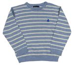Modro-bílo/světlešedý pruhovaný melírovaný sveter s výšivkou Rebel