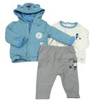 3set - Modrá zateplená prepínaci mikina s kapucí + biele rebrované tričko s kapsou + sivé ľahké tepláky Dunnes
