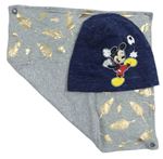 2set - Tmavomodrá melírovaná bavlnená čapica s Mickeym + šedá melírovaný slintáček s pírky