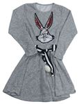 Sivé melírované úpletové šaty s Bugs Bunnym z flitrů a opaskom