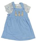 2 set - Svetlomodré na traké šaty s králíky + bielo-modré vzorované body