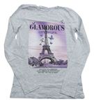 Svetlosivé melírované tričko s Eiffelovou věží a motýlikmi
