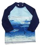 Bielo-modro-tmavomodré UV tričko so žralokmi