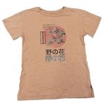 Staroružové oversize tričko s kvetmi a japonským nápisom Next