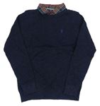 Tmavomodrý melírovaný sveter s výšivkou a všitou košilí Next