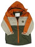 Kaki-béžovo-oranžová šušťáková jarná bunda s výšivkou a kapucňou X-mail
