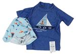 2set- Modré Uv tričko s lodičkou + Svetlomodrá UV čapica s rybami a ponorkami Nutmeg