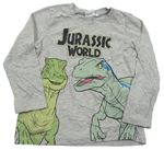 Sivé melírované tričko s nápismi a dinosaury Jurský svět