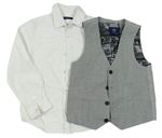 2Set - Sivá melírovaná slávnostná vesta + biela vzorovaná košeľa Next