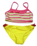 Hořčicovo-farebné dvoudílné plavky s pruhmi a mašľami