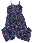 Tmavomodro-farebný kvetovaný ľahký nohavicový overal Bluezoo